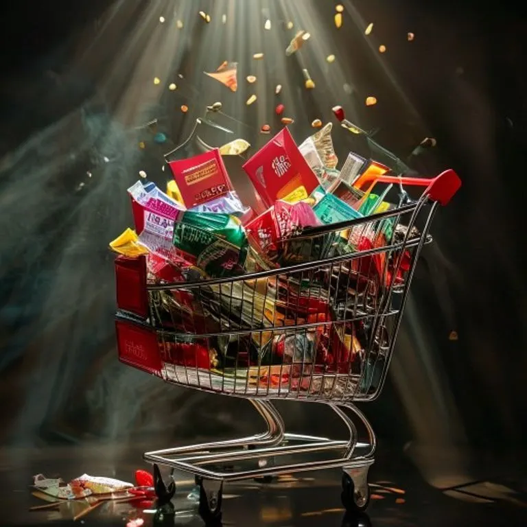 Bodegón cinematográfico de un carrito de compras lleno de productos diversos