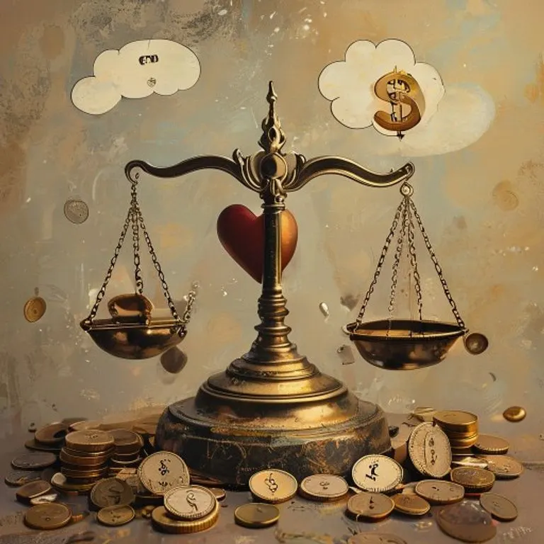 Arte conceptual de una balanza con un corazón y un signo de dólar