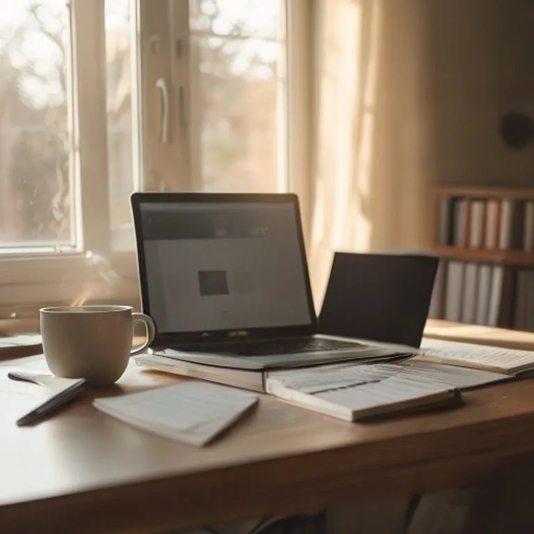 Escritorio minimalista con laptop mostrando videollamada, taza de café y agenda, con luz natural.