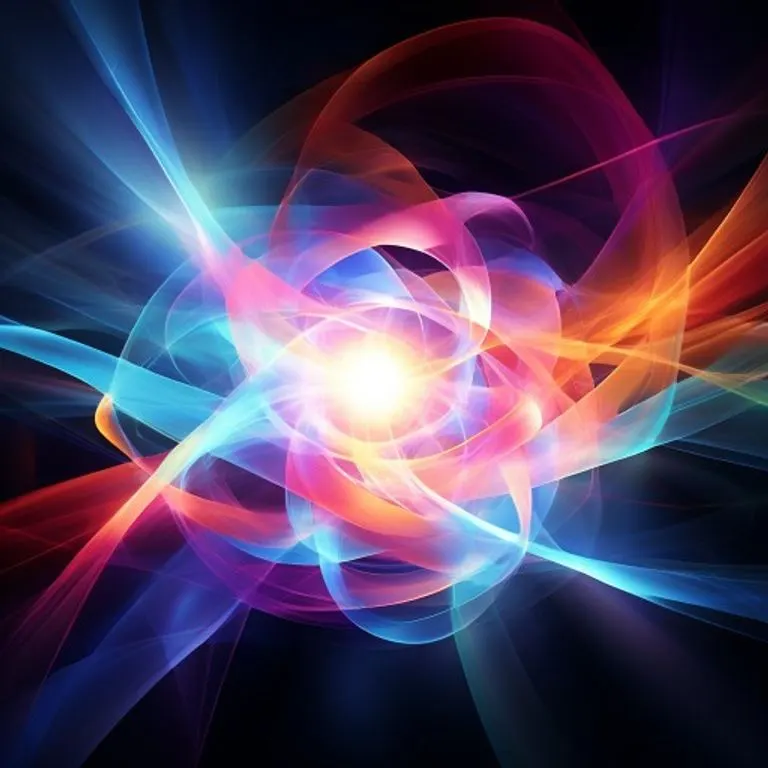 Cintas de luz de colores entrelazadas convergiendo en una esfera luminosa, simbolizando la unidad y la conexión virtual.