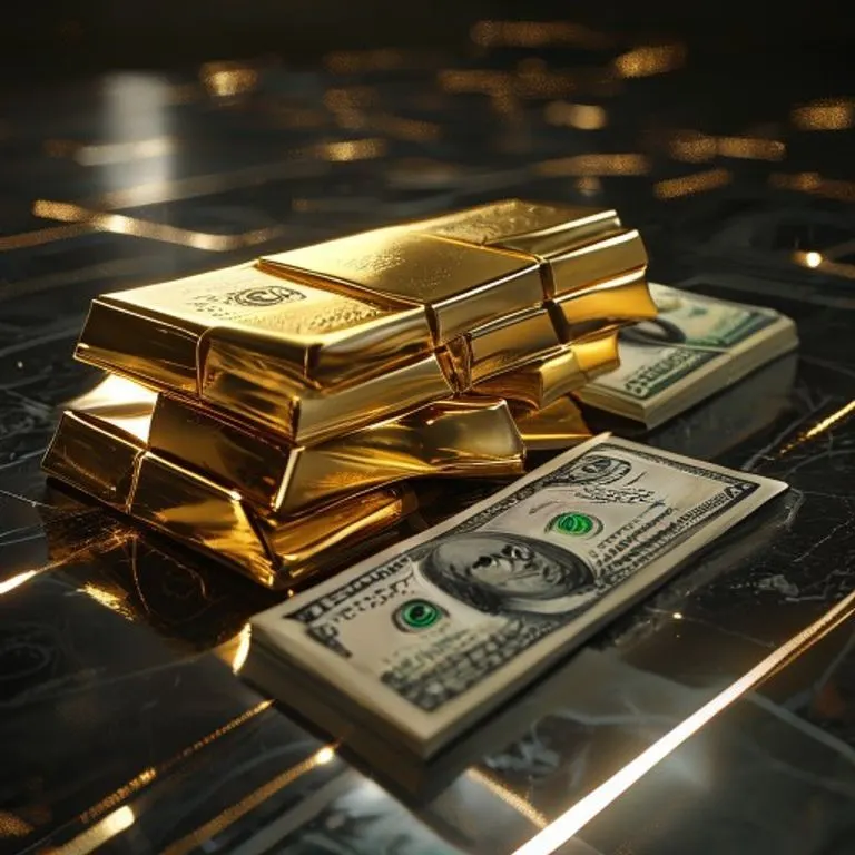 Pilas de lingotes de oro y billetes de dólar, representando las reservas que respaldan las stablecoins colateralizadas.