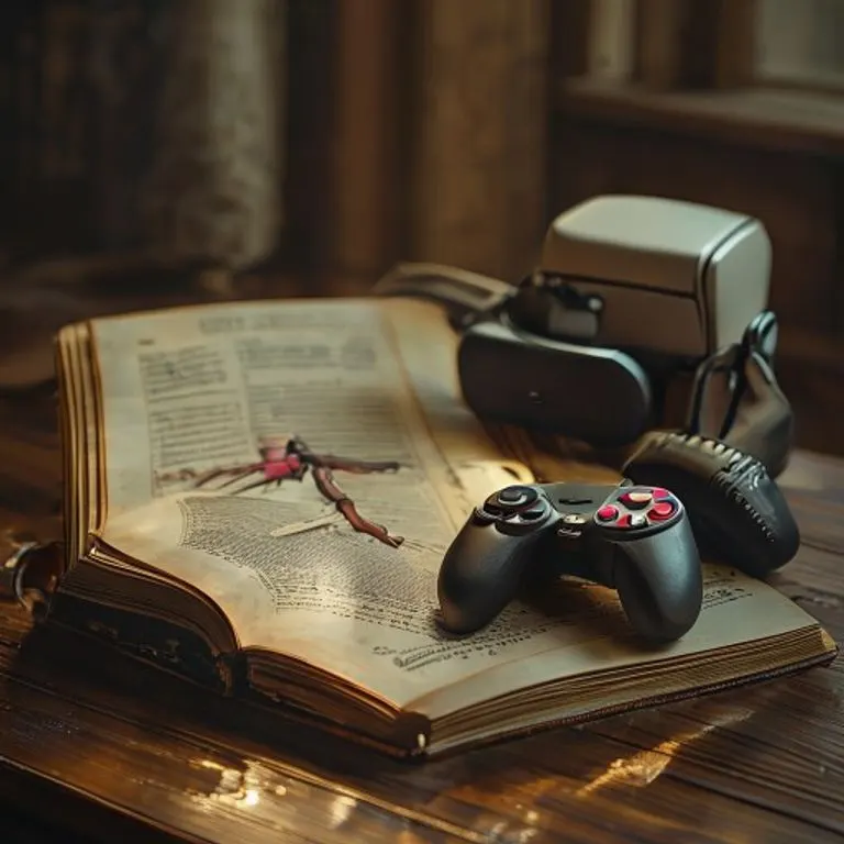 Bodegón cinematográfico de un libro de texto médico antiguo abierto junto a un controlador de realidad virtual moderno y guantes terapéuticos, iluminados por una luz suave.