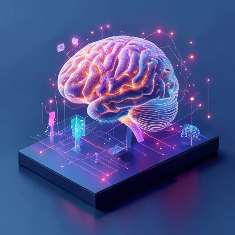 Renderizado isométrico 3D de un modelo cerebral estilizado conectado por líneas brillantes a un entorno de realidad virtual que representa un paisaje digital sereno con elementos de ejercicio abstractos.