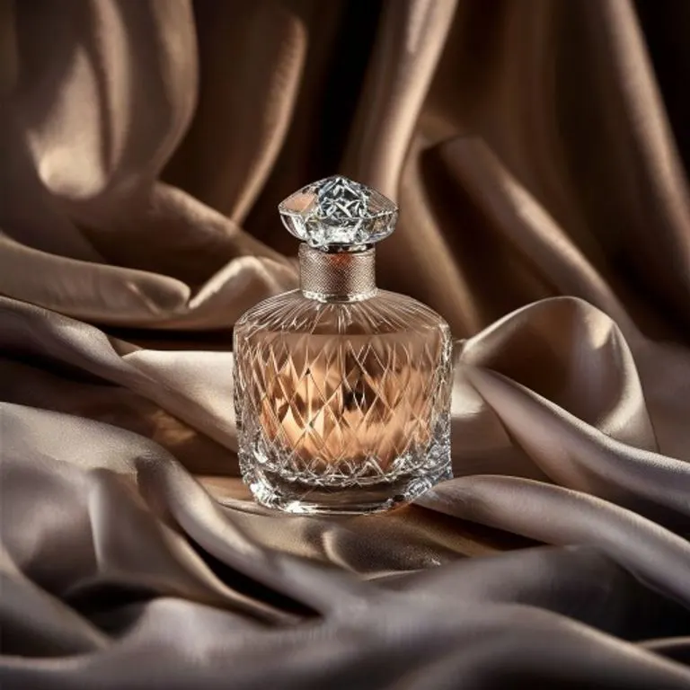 Botella de perfume elegante con tapa de diamante, rodeada de seda, que simboliza el éxito de las fragancias de Elizabeth Taylor.