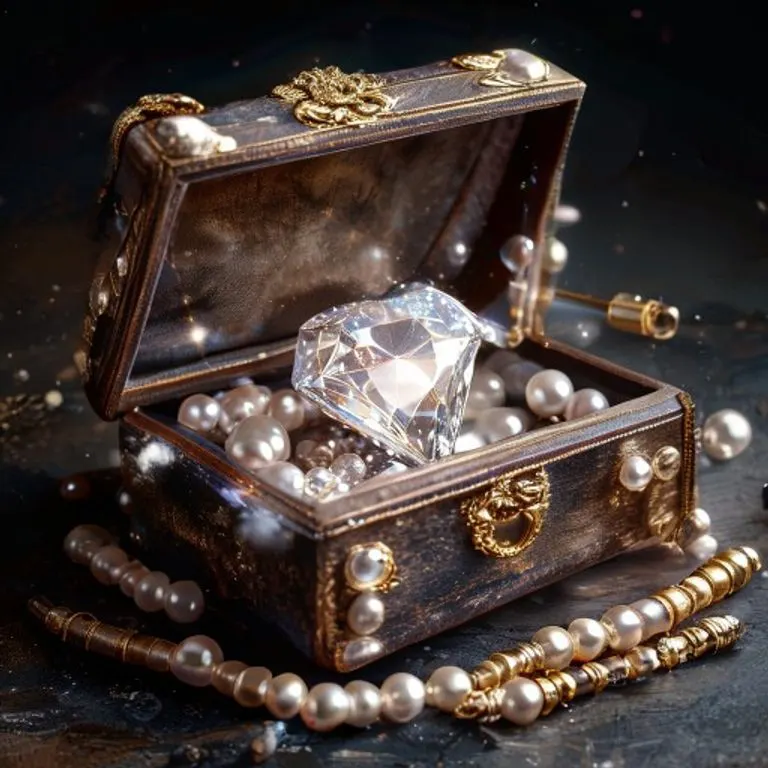 Caja de joyas vintage abierta con un diamante abstracto brillante y perlas, simbolizando la legendaria colección de joyas de Elizabeth Taylor.