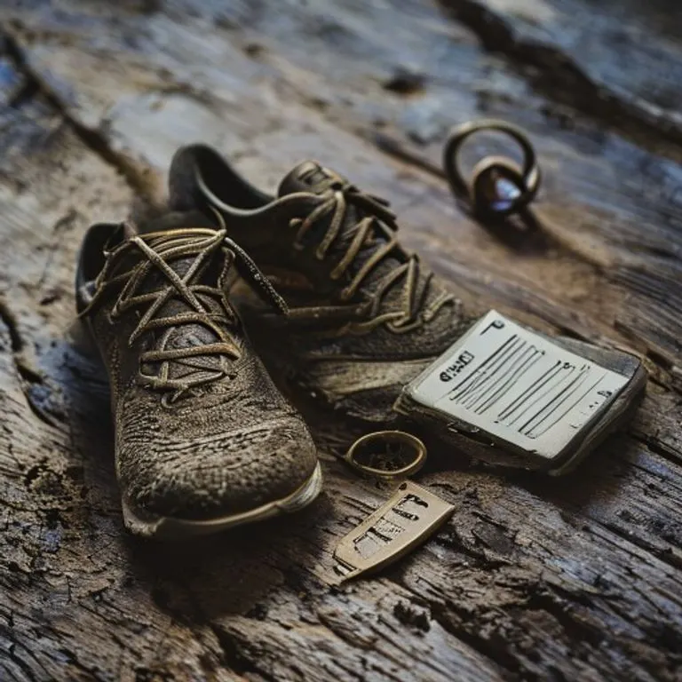 Fotografía de bodegón de unas zapatillas de trail running gastadas y embarradas, junto a un dorsal de carrera numerado y una pequeña medalla artesanal, sobre una superficie de madera rústica.