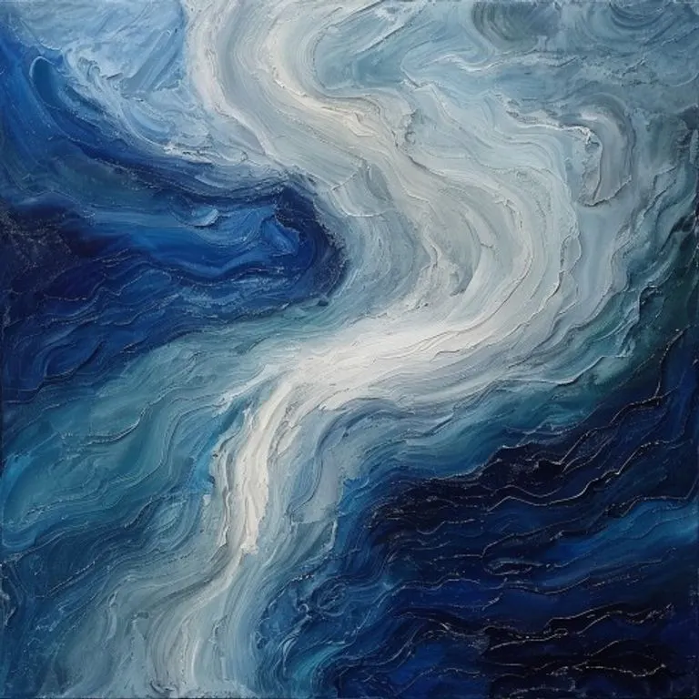 Pintura al óleo abstracta con patrones arremolinados en azules, grises y blancos, que simbolizan la niebla mental y la claridad, con líneas sutiles que sugieren un camino a seguir a través de la adversidad.