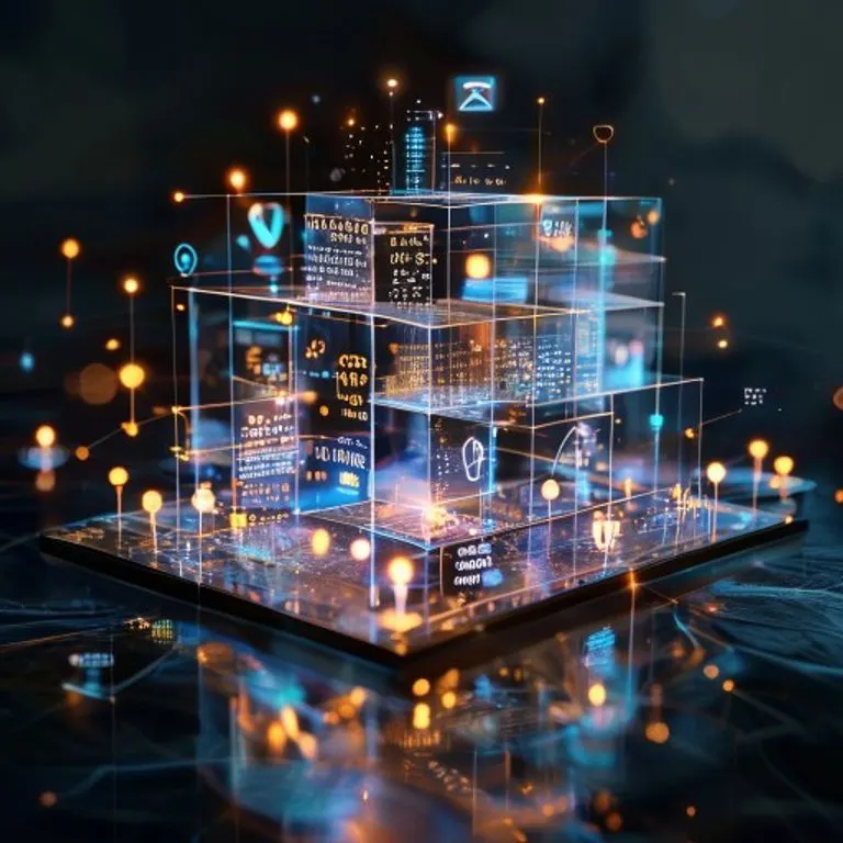 Renderizado 3D de un modelo de edificio corporativo transparente con códigos éticos y símbolos de diversidad visibles, rodeado de puntos de datos brillantes.
