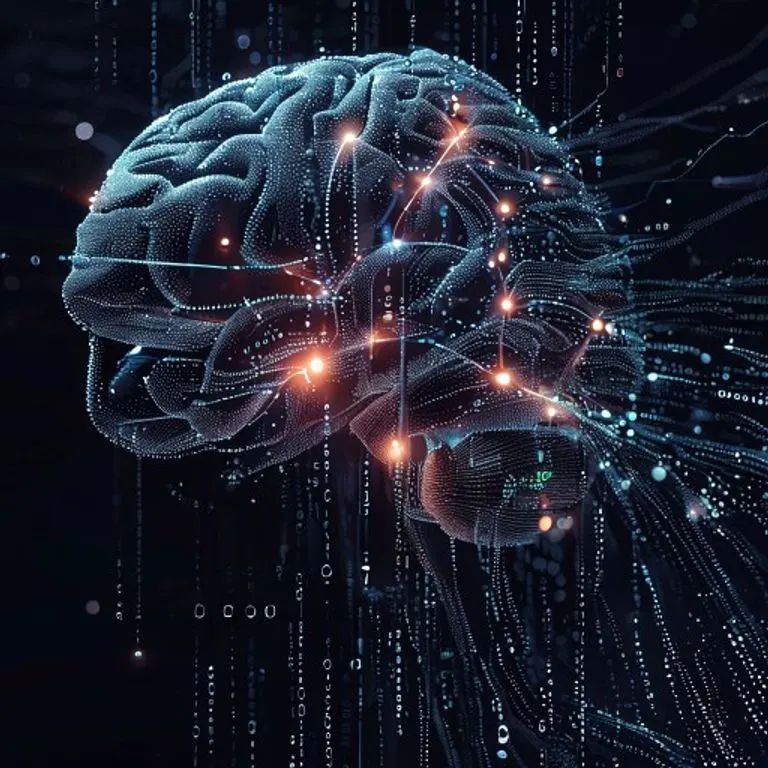 Ilustración digital conceptual de una red neuronal abstracta con conexiones brillantes dentro de un cerebro estilizado, rodeada de código binario fluido. Atmósfera futurista.