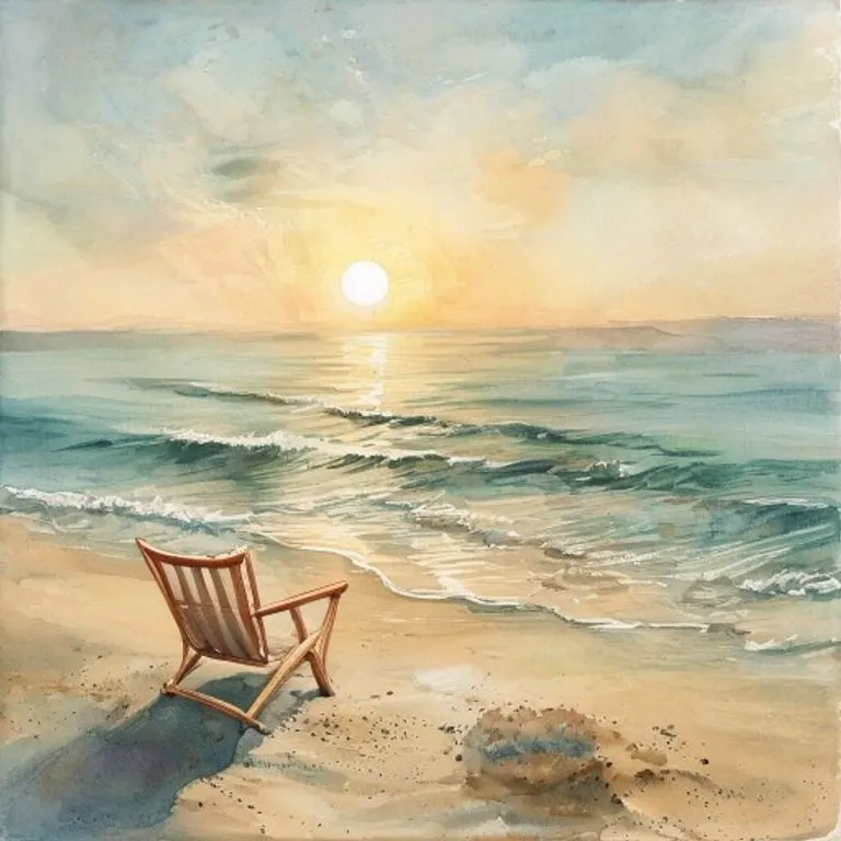 Pintura acuarela de un paisaje costero soleado con una silla de playa vacía