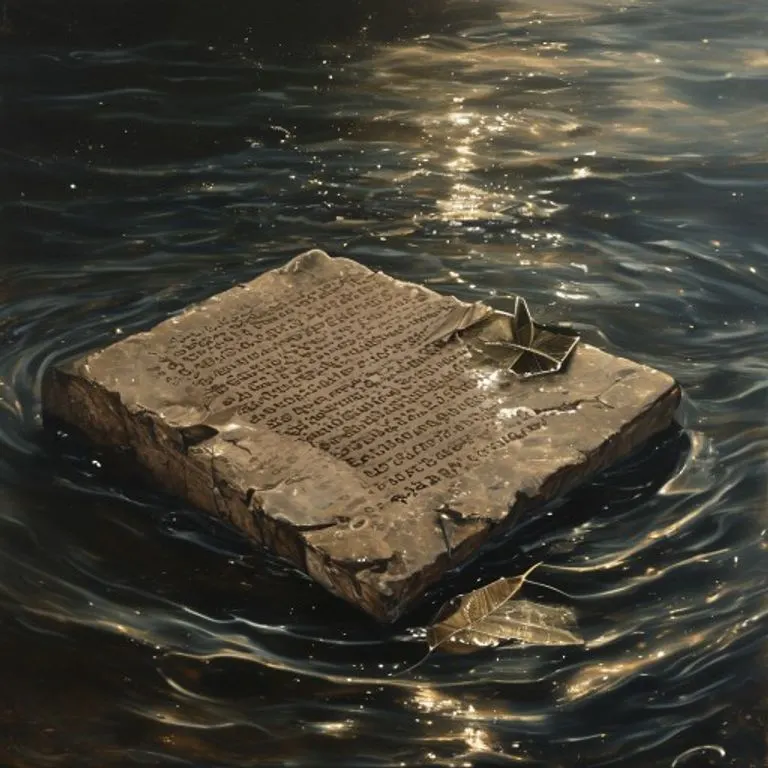 Una tableta de arcilla antigua rota con escritura griega, parcialmente sumergida en agua oscura y ondulante, con la luz pálida reflejándose en la superficie. Una hoja de laurel marchita flota cerca, simbolizando la pérdida y el conocimiento olvidado.