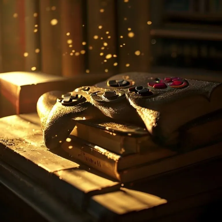 Controlador de videojuego retro sobre libros educativos, luz cálida
