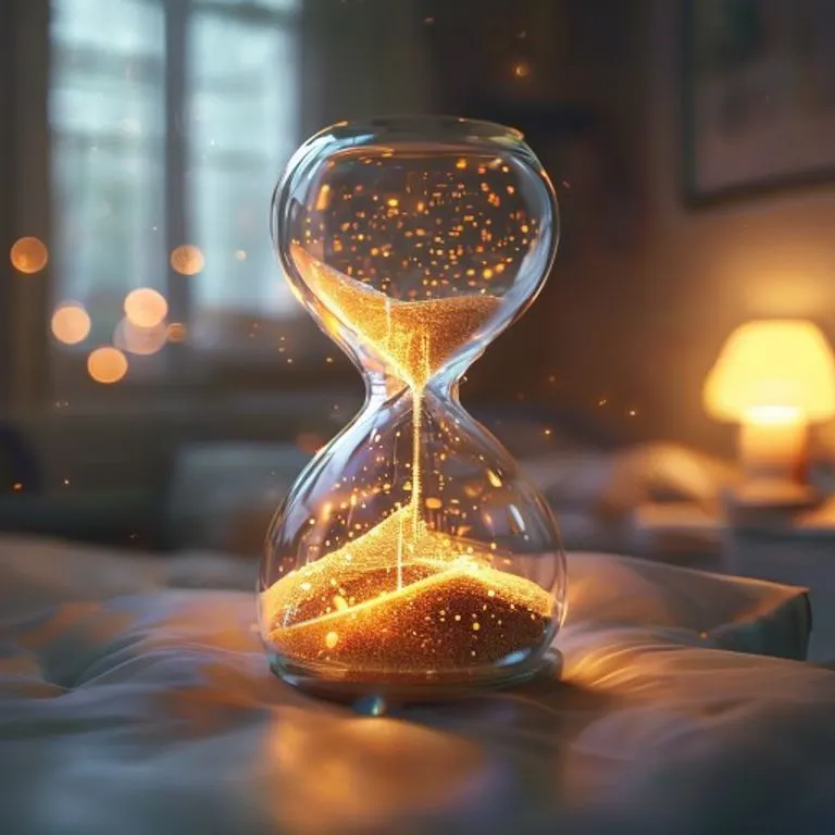 Reloj de arena digital con arena brillante fragmentada, en un cuarto infantil