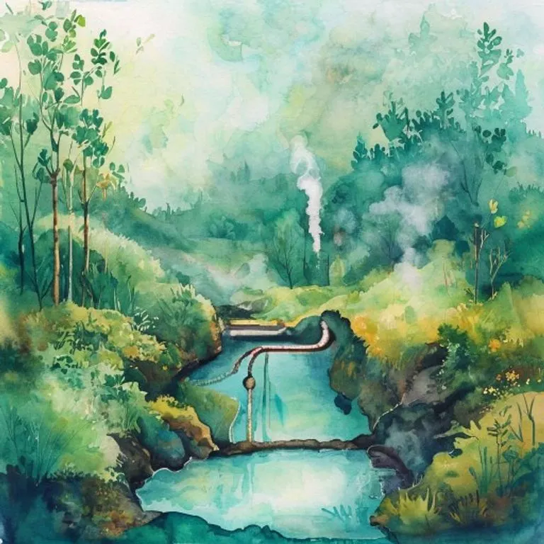 Pintura de acuarela de un paisaje sereno con vegetación exuberante, donde sutiles tuberías geotérmicas se integran en el entorno y el vapor emerge suavemente del suelo.