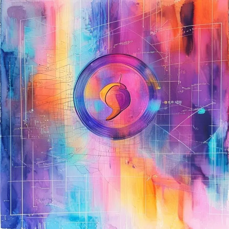 Pintura de acuarela de una pieza de arte digital única y vibrante en una pantalla holográfica, con líneas de ledger blockchain sutiles en el fondo y un icono de token estilizado flotando.