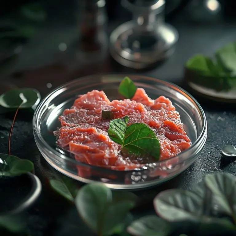 Muestra de carne cultivada en laboratorio en una placa de Petri con instrumentos científicos