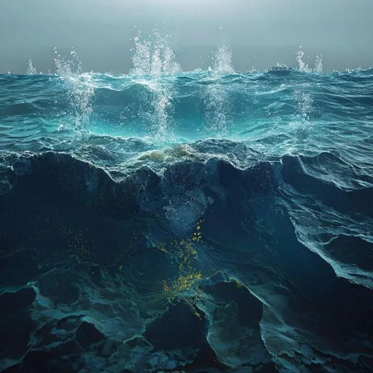 Renderizado 3D detallado de un corte transversal del lecho marino mostrando burbujas de gas hidrato de metano emergiendo, distorsionando la luz y creando turbulencia en la superficie del agua.