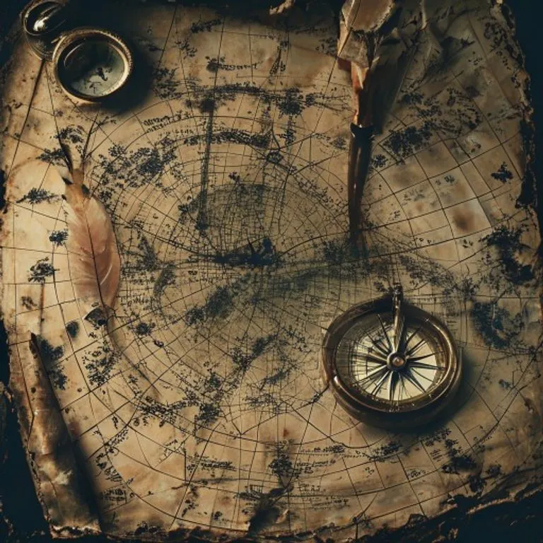 Fotografía vintage de una carta náutica antigua del Atlántico, enfocada en el Triángulo de las Bermudas, con una brújula de latón que apunta erráticamente, una pluma de ave y una vela a medio consumir, todo en una atmósfera de penumbra.