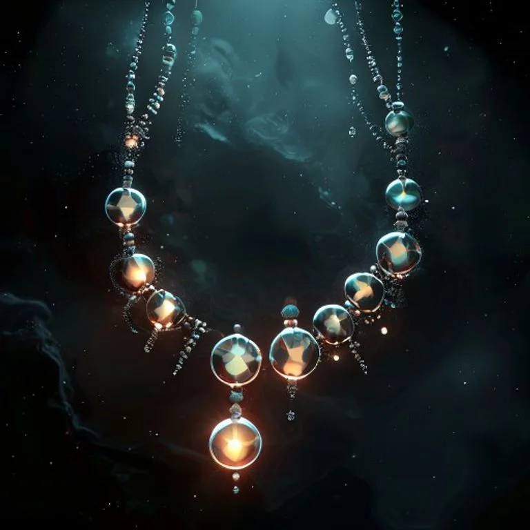 Render 3D conceptual de un collar ceremonial antiguo con elementos de abalorios abstractos y brillantes, flotando en un espacio oscuro, con patrones geométricos sutiles.