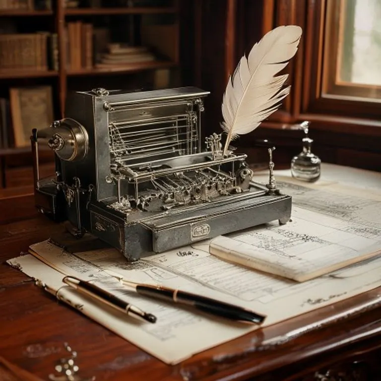 Fotografía de bodegón de un plano antiguo de la Máquina Analítica de Babbage sobre un escritorio de madera, con una pluma y papeles científicos.