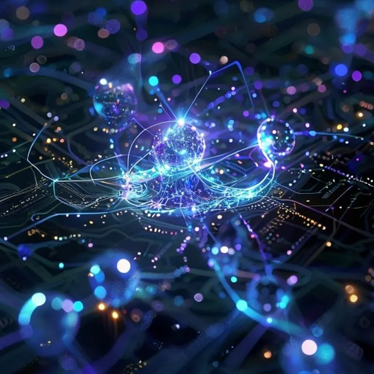 Ilustración digital 3D abstracta de entrelazamiento cuántico, con nodos y líneas brillantes interconectados en un circuito oscuro, luces etéreas.