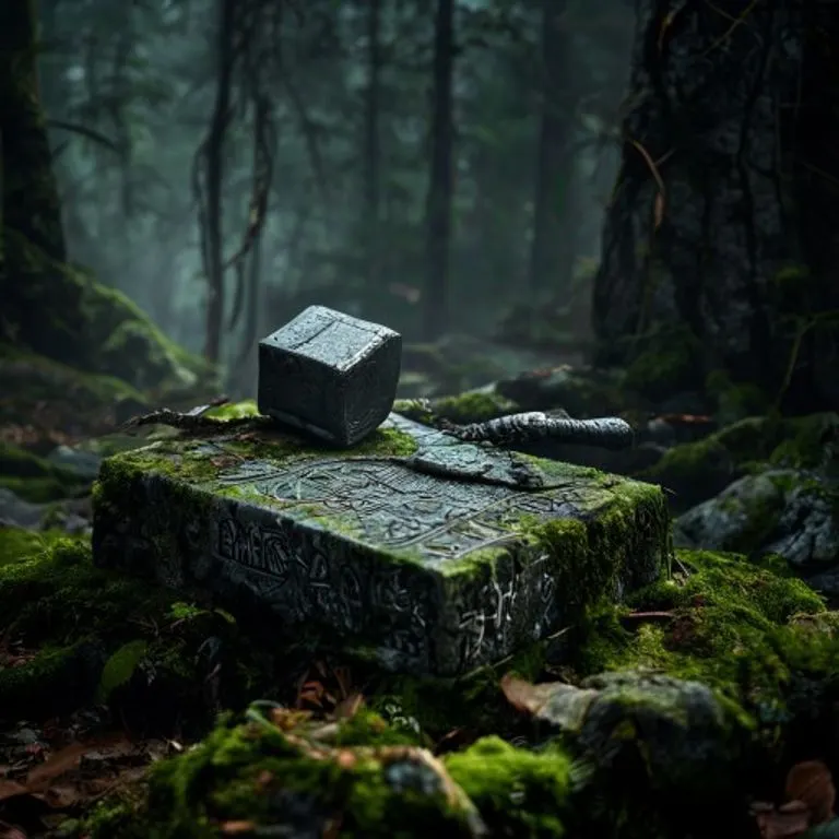 Fotografía cinematográfica de un Mjolnir desgastado sobre un altar de piedra con runas, en un bosque brumoso.