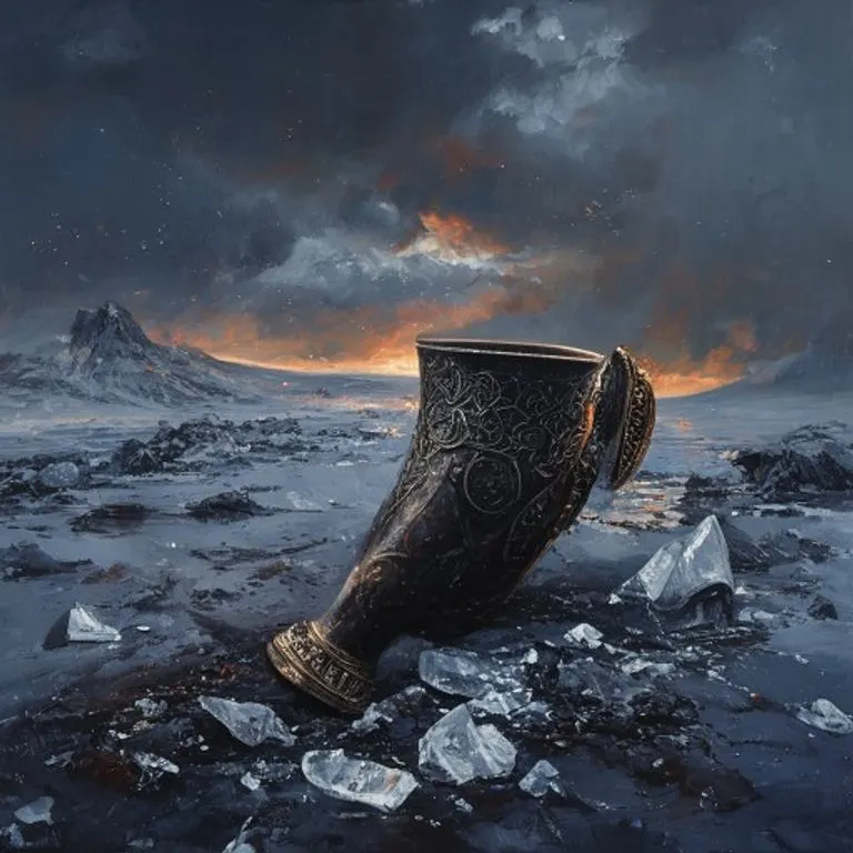 Pintura al óleo de un Gjallarhorn roto en un paisaje helado y desolado, bajo un cielo de fuego, simbolizando el Ragnarök.