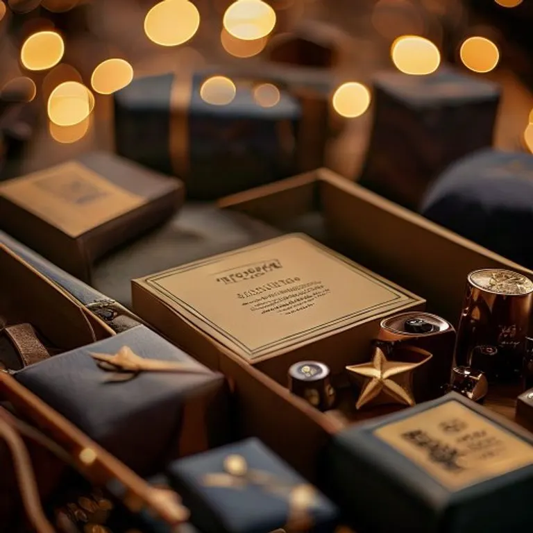 Fotografía cinematográfica de una caja de regalo personalizada con una etiqueta a medida, rodeada de varios artículos hechos a medida, con un fondo bokeh y una iluminación cálida, enfocada en el detalle y la exclusividad.