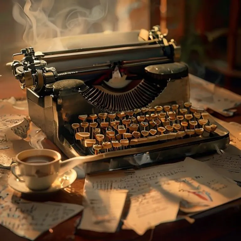 Fotografía cinematográfica de naturaleza muerta con una máquina de escribir antigua, notas manuscritas, una taza de café y una tableta digital, evocando el proceso creativo de la narrativa.