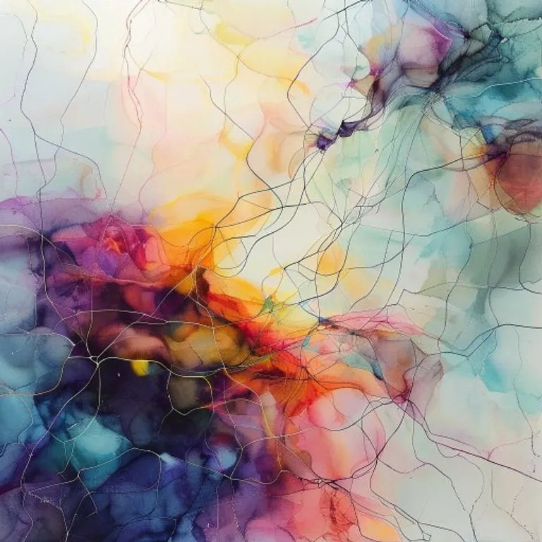 Pintura acuarela de un delicado hilo de luz tejiéndose a través de una red de formas y colores abstractos, simbolizando el viaje intrincado y etéreo de una historia.