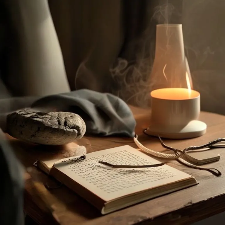Fotografía cinematográfica de bodegón de un escritorio minimalista con una piedra de meditación, una correa de yoga y un difusor de aroma, bajo luz suave.