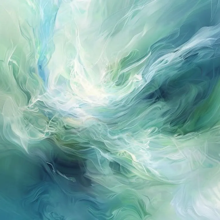 Arte conceptual abstracto de patrones arremolinados de azules, verdes y blancos, con luz central, simbolizando paz y enfoque mental.