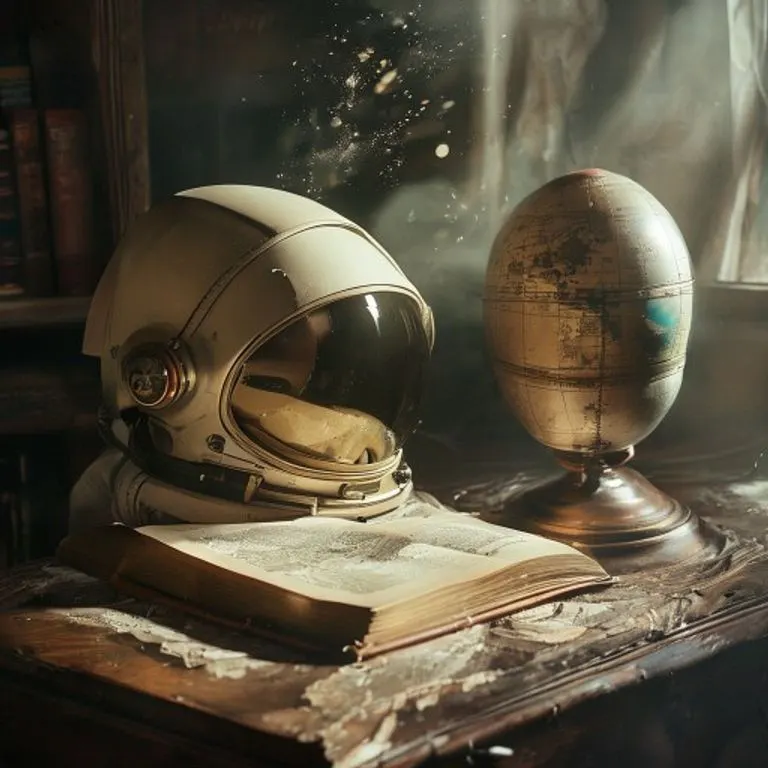 Fotografía cinematográfica de naturaleza muerta: un casco espacial vintage de la era soviética descansa sobre un escritorio de madera gastado, junto a un libro antiguo abierto con esquemas de cohetes. Una luz tenue ilumina un pequeño globo terráqueo antiguo.