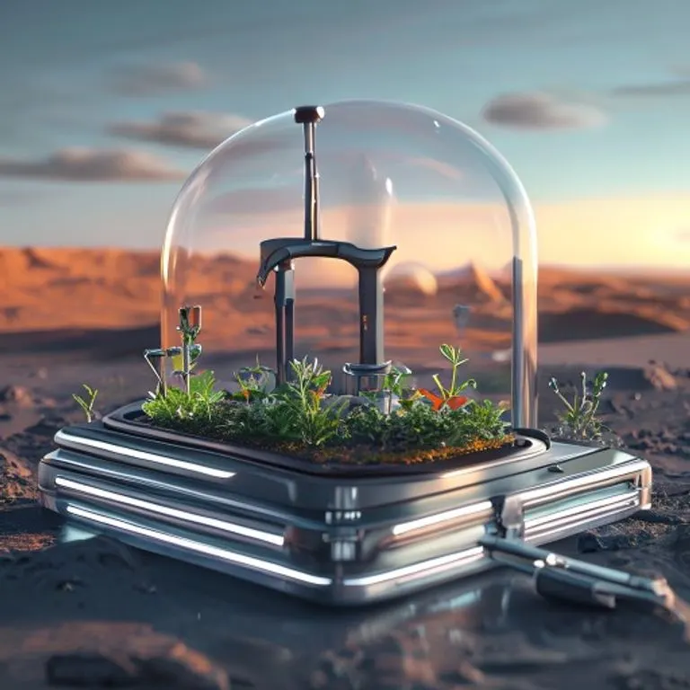 Renderizado 3D de un kit de herramientas futurista para la colonización planetaria, con herramientas metálicas elegantes, un pequeño módulo de plantas hidropónicas avanzado y un fragmento de cúpula transparente que refleja un paisaje marciano distante. Diseño limpio y minimalista con iluminación sutil azul y naranja.