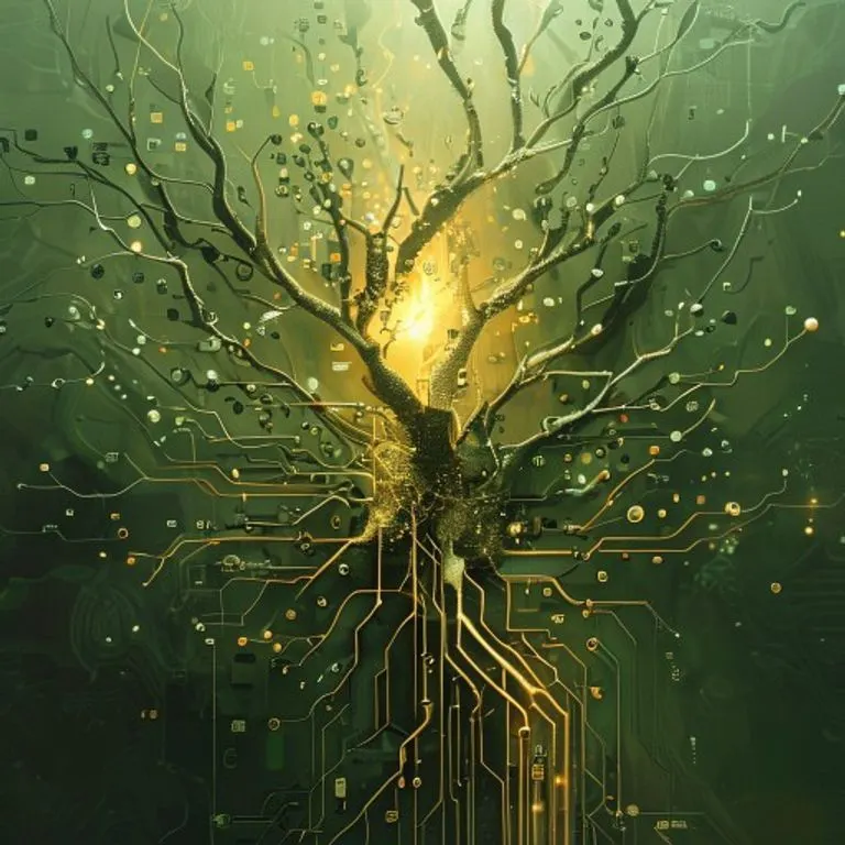 Arte abstracto de un circuito digital roto que se convierte en raíces orgánicas, simbolizando la integración de datos en procesos naturales y el futuro de la tecnología.