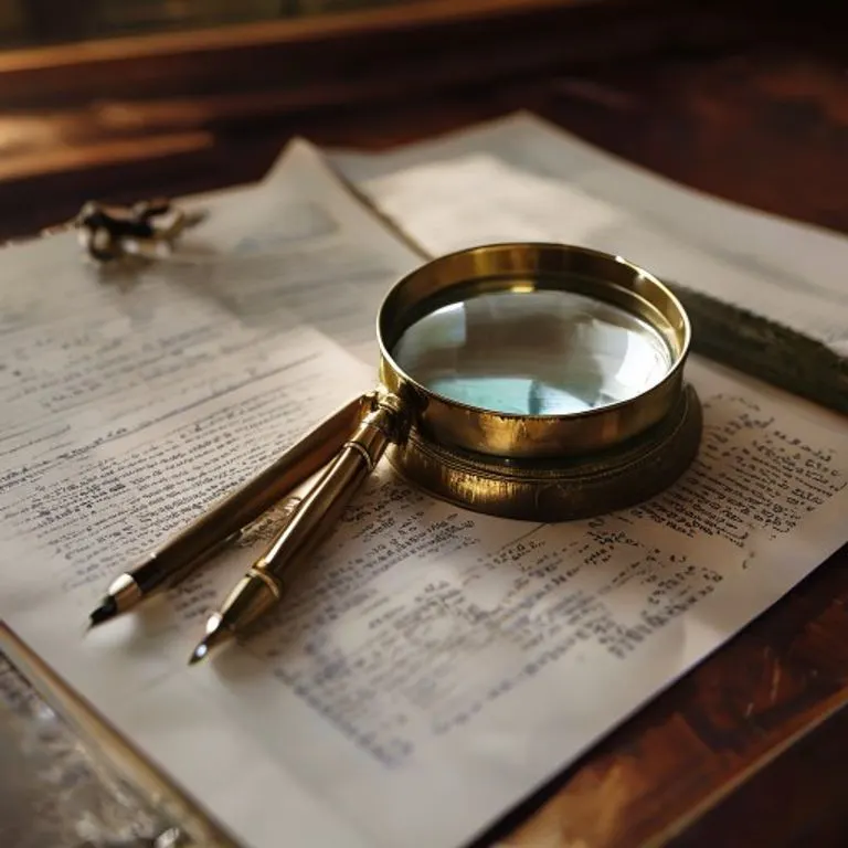 Lupa de latón vintage sobre documentos de revisión de rendimiento