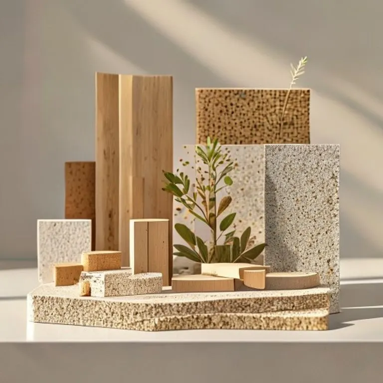 Renderizado 3D de una colección de materiales de construcción sostenibles: un corte transversal de madera certificada, una muestra de hormigón reciclado, un trozo de aislamiento de corcho y un panel de bioplástico, dispuestos estéticamente sobre una mesa minimalista blanca, con iluminación de estudio suave, toma macro.