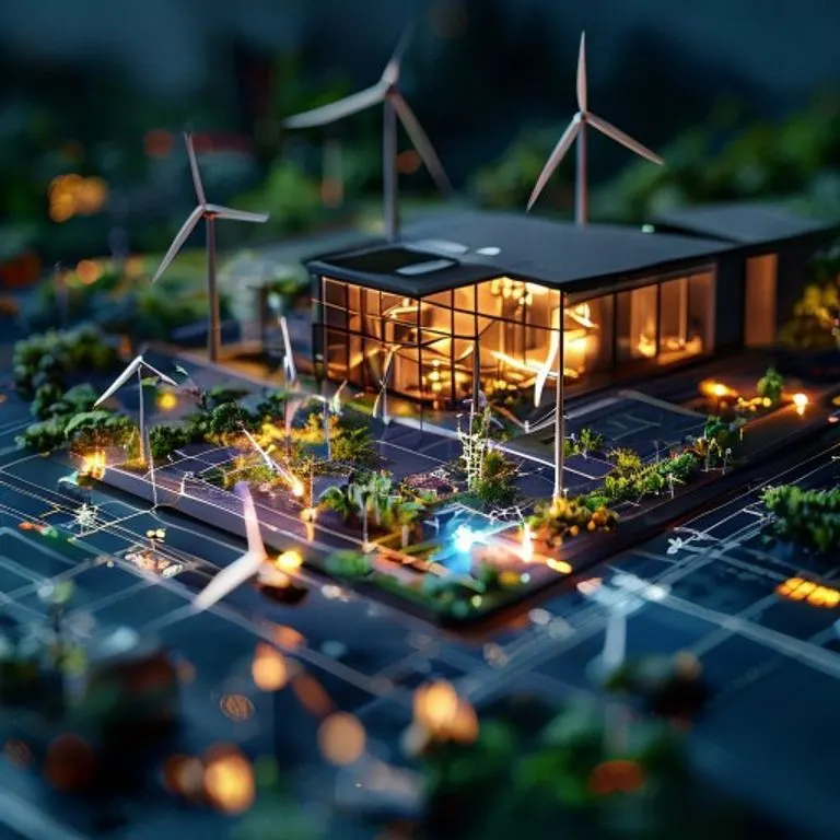 Bodegón cinematográfico de un plano de diseño solar pasivo superpuesto con datos luminosos de consumo de energía, rodeado de modelos en miniatura de turbinas eólicas y sistemas de recolección de agua de lluvia, con iluminación atmosférica y fondo oscuro.