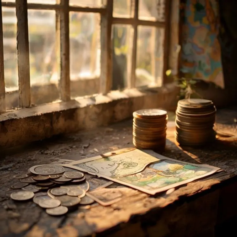 Fotografía cinematográfica de bodegón: una mesa de madera con un producto artesanal local, monedas y un mapa de área protegida bajo luz solar.
