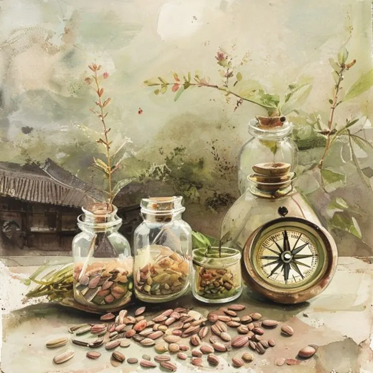 Pintura de acuarela de bodegón: semillas nativas en viales, brújula antigua, foto de paisaje natural y arquitectura tradicional borrosa de fondo.