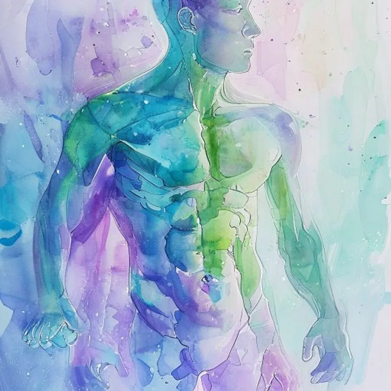 Pintura conceptual en acuarela de reparación muscular y regeneración celular con colores suaves.