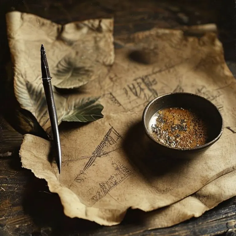 Fotografía vintage de una aguja de tatuaje antigua, pigmentos naturales y un pergamino con patrones tribales.