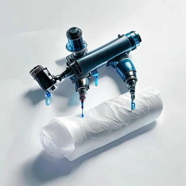Arte conceptual de una máquina de tatuar moderna, tinta azul y piel sintética sobre un fondo blanco.