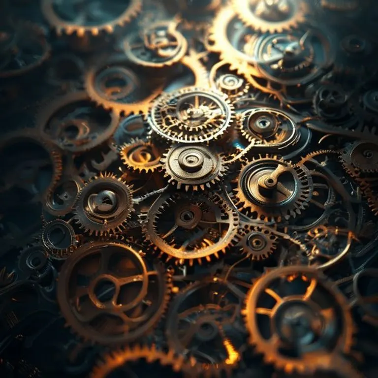 Ilustración 3D de engranajes y mecanismos complejos, simbolizando la ingeniería mecánica visionaria de Leonardo da Vinci.