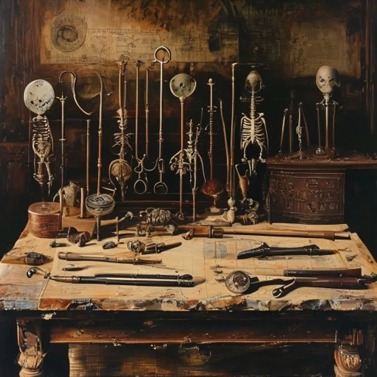 Pintura al óleo de instrumentos médicos antiguos y bocetos anatómicos, evocando el estudio profundo de Leonardo da Vinci sobre el cuerpo humano.