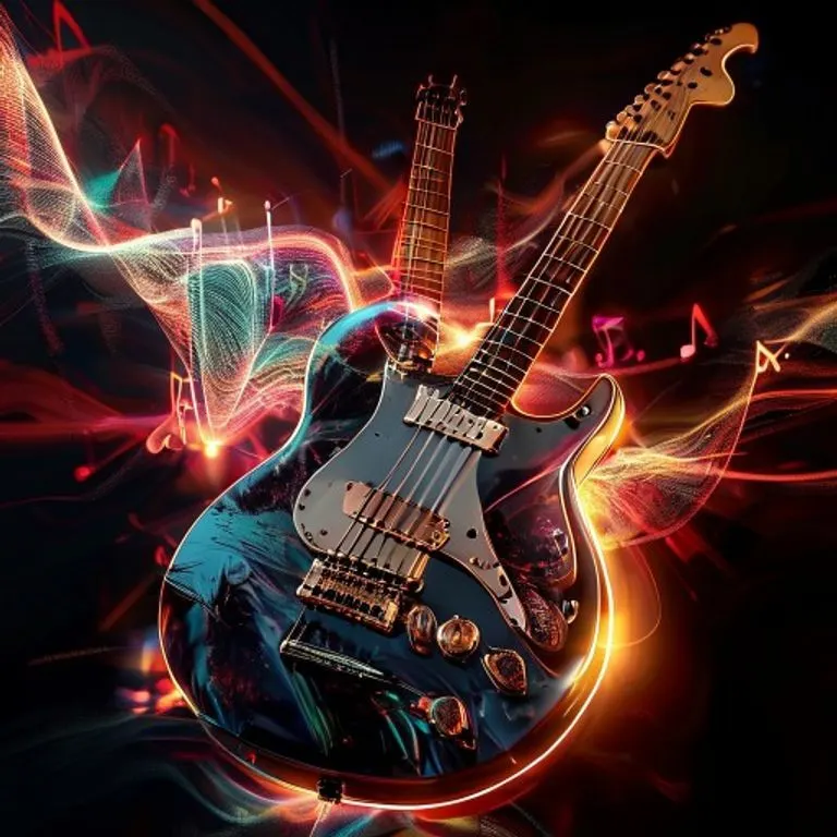 Un render 3D estilizado de una Fender Stratocaster y una Gibson Les Paul entrelazadas como una doble hélice, con ondas sonoras y notas musicales brillantes de fondo.