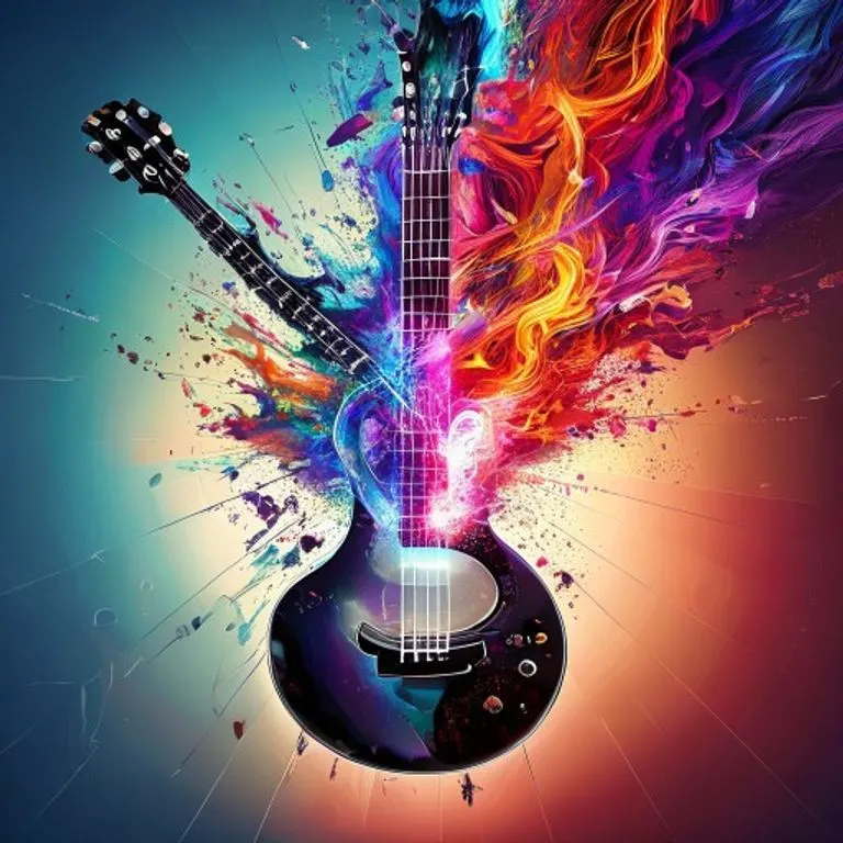 Un púa de guitarra rota que se transforma en una cascada de colores vibrantes y arremolinados, representando diversos géneros musicales que emanan de un vórtice central de energía.