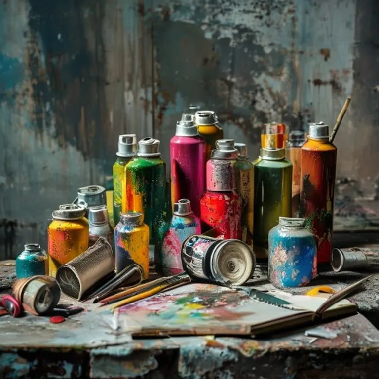 Latas de spray y stencils sobre concreto, luz dramática