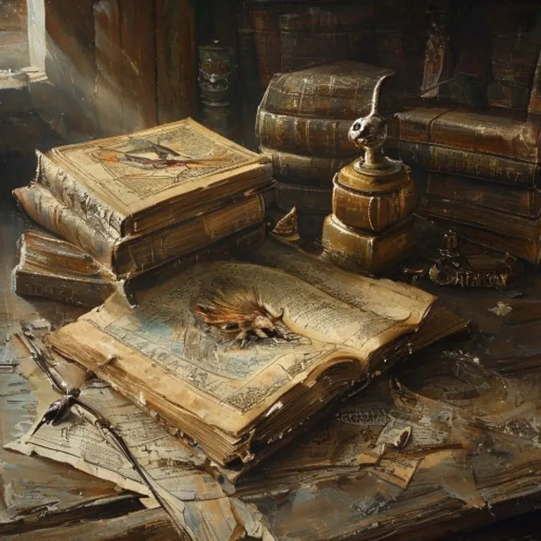 Pintura al óleo de libros antiguos y mapas con una ilustración de una criatura mítica.
