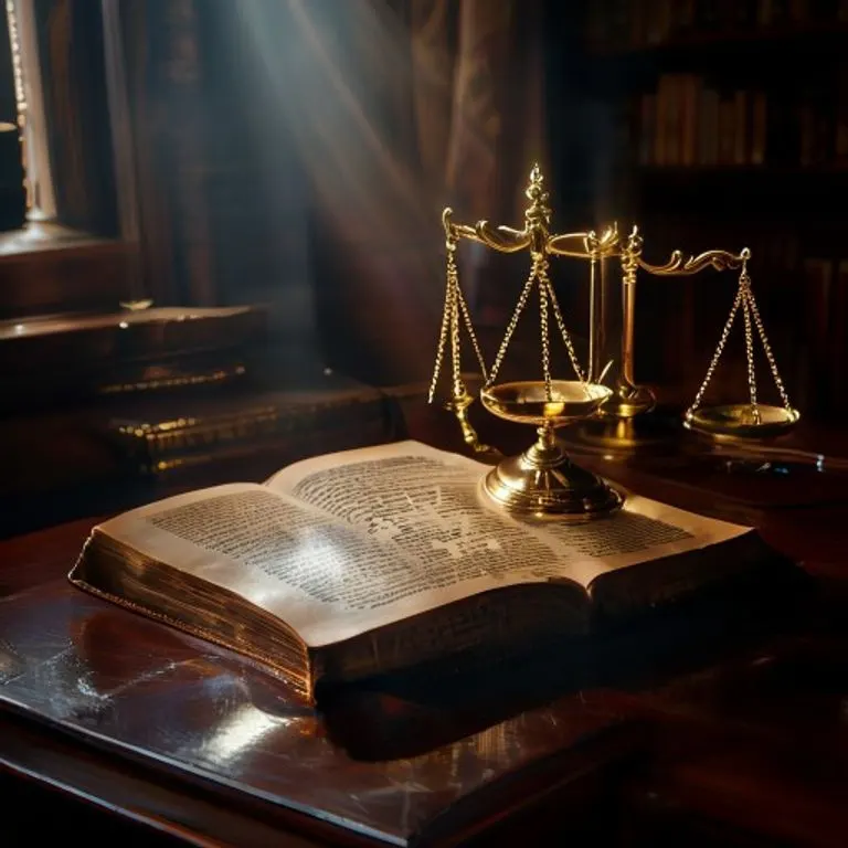 Fotografía de bodegón de un libro de derecho antiguo abierto y un holograma de código de contrato inteligente proyectado sobre una balanza de la justicia, simbolizando la integración legal y tecnológica.